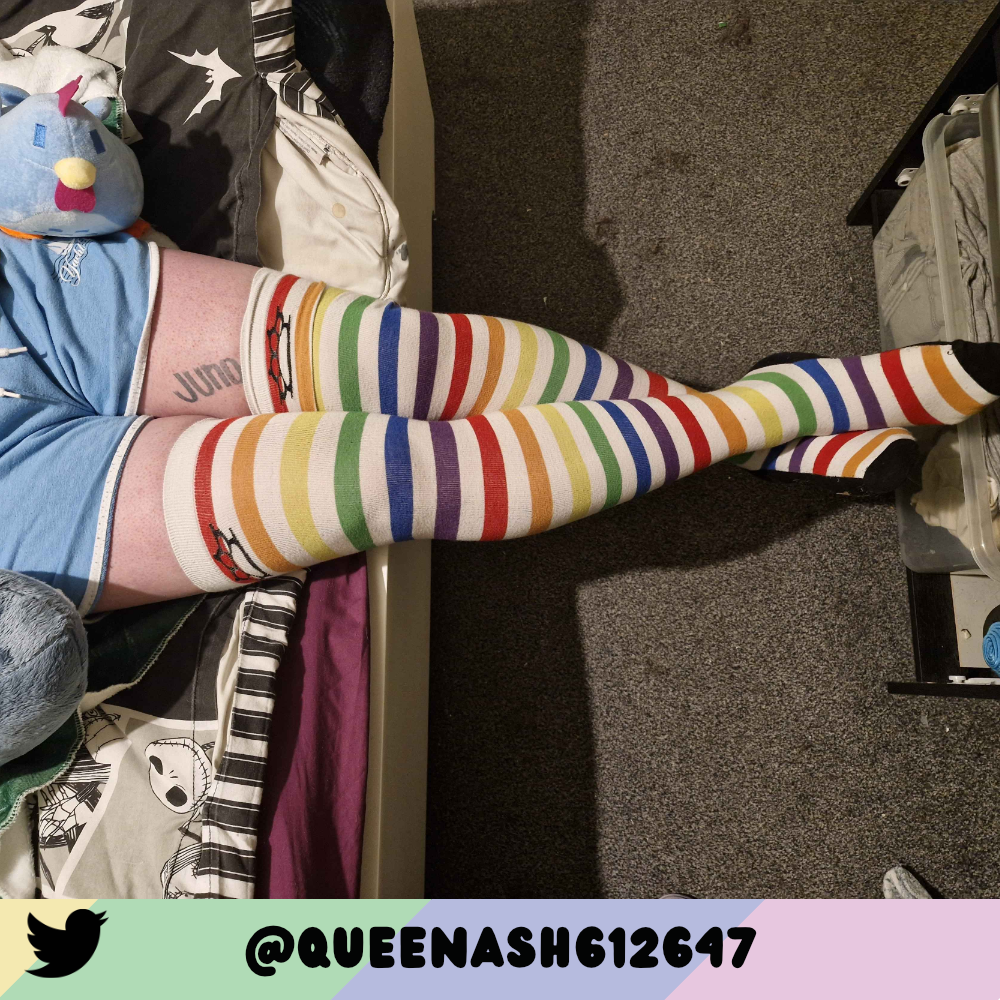 Rainbow vs White Slim Thigh High Sockies